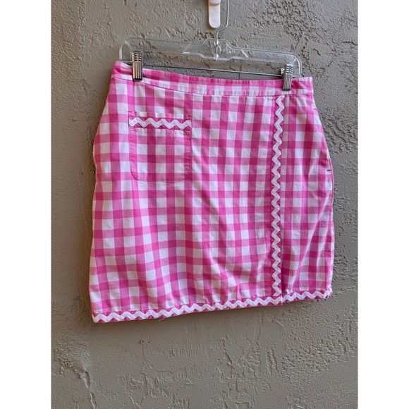 Lilly Pulitzer Pink White Gingham Wrap Skirt Ric Rac Trim Cottage Preppy Pocket - Picture 3 of 8